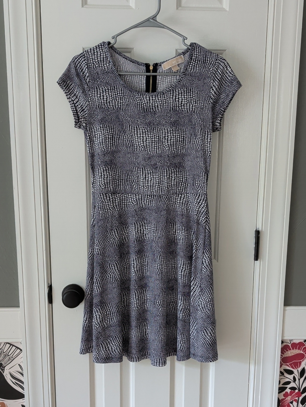 Michael Kors Navy and White Textured-Print Cap-Sleeve Mini Dress